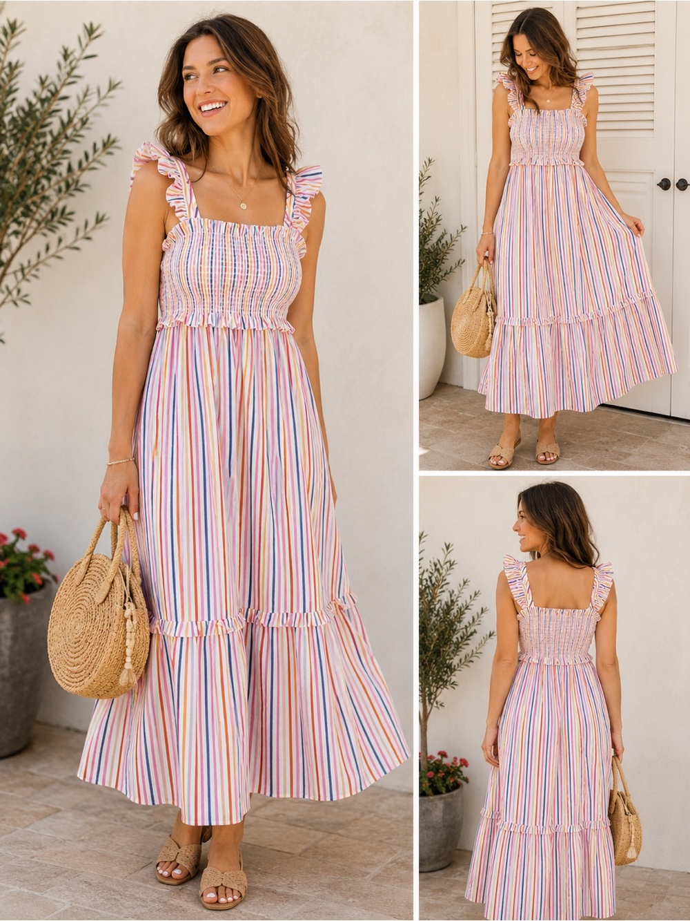 Draper James Striped Smocked Ruffle Maxi Dress Medium - Picture 2 of 4